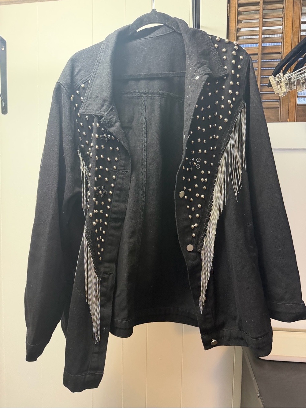 SHEIN Black Studded Denim Jacket with Silver Fringe